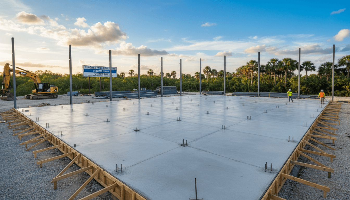 Freshly poured concrete foundation for a large commercial building under construction in a sunny field