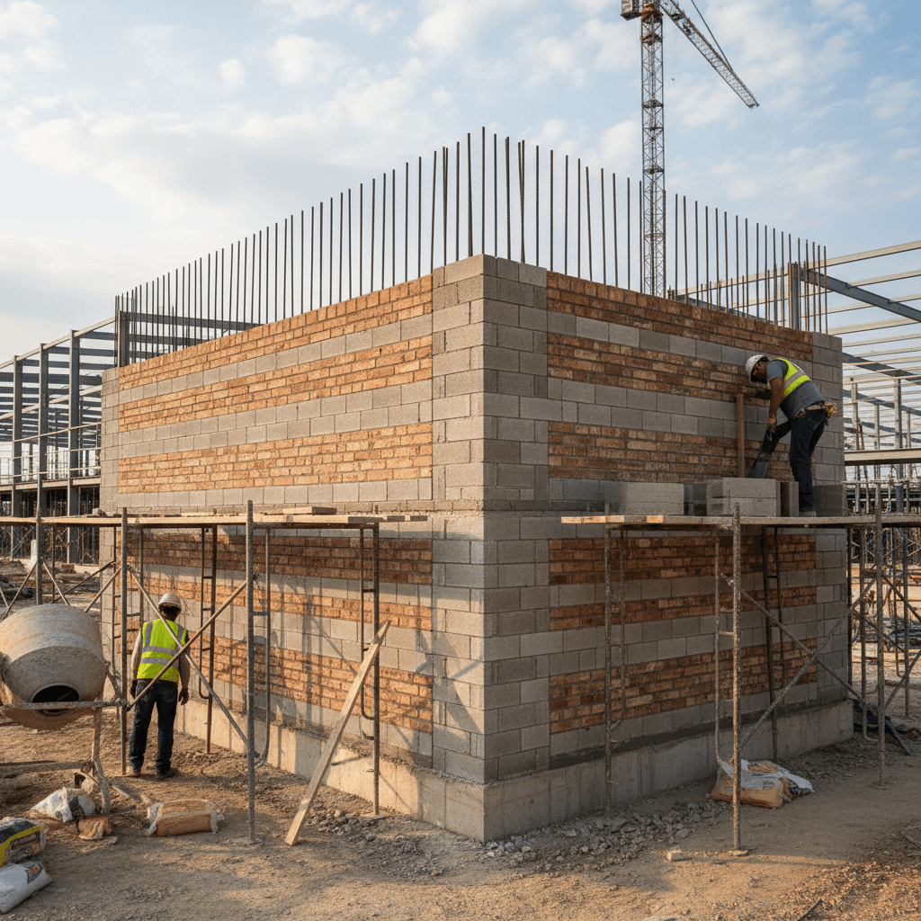 Reinforcing steel placed before concrete pour on masonry wall