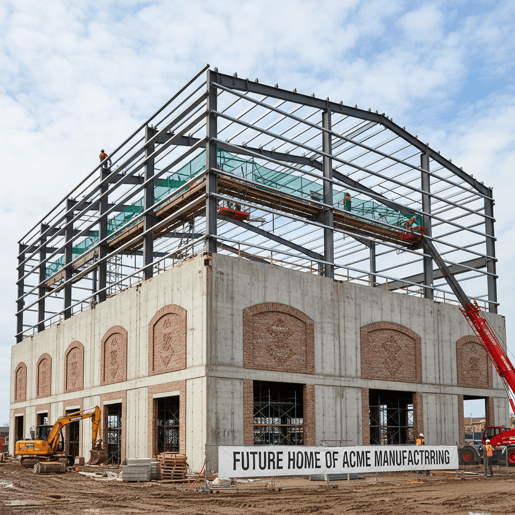 Steel and concrete industrial building taking shape