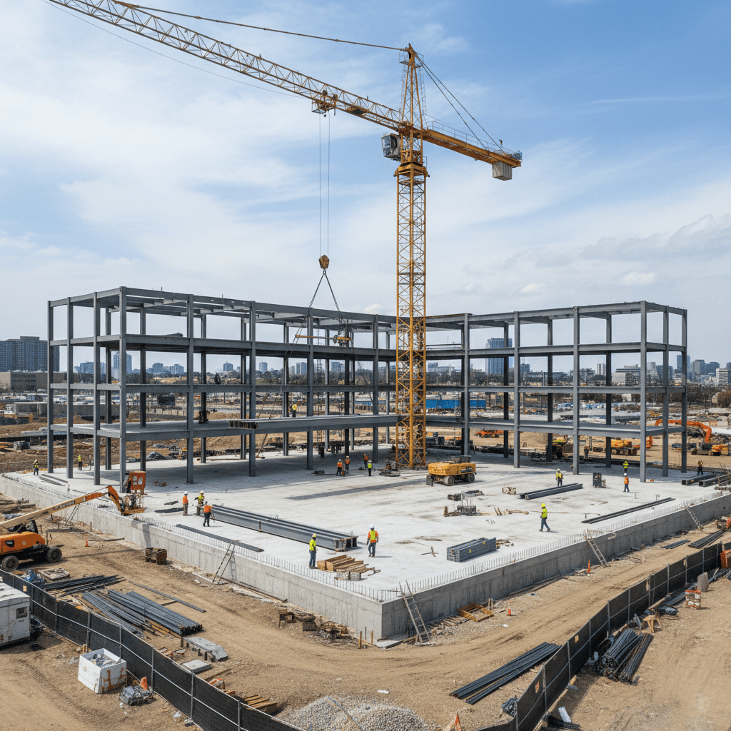 Steel beam installation on a concrete foundation