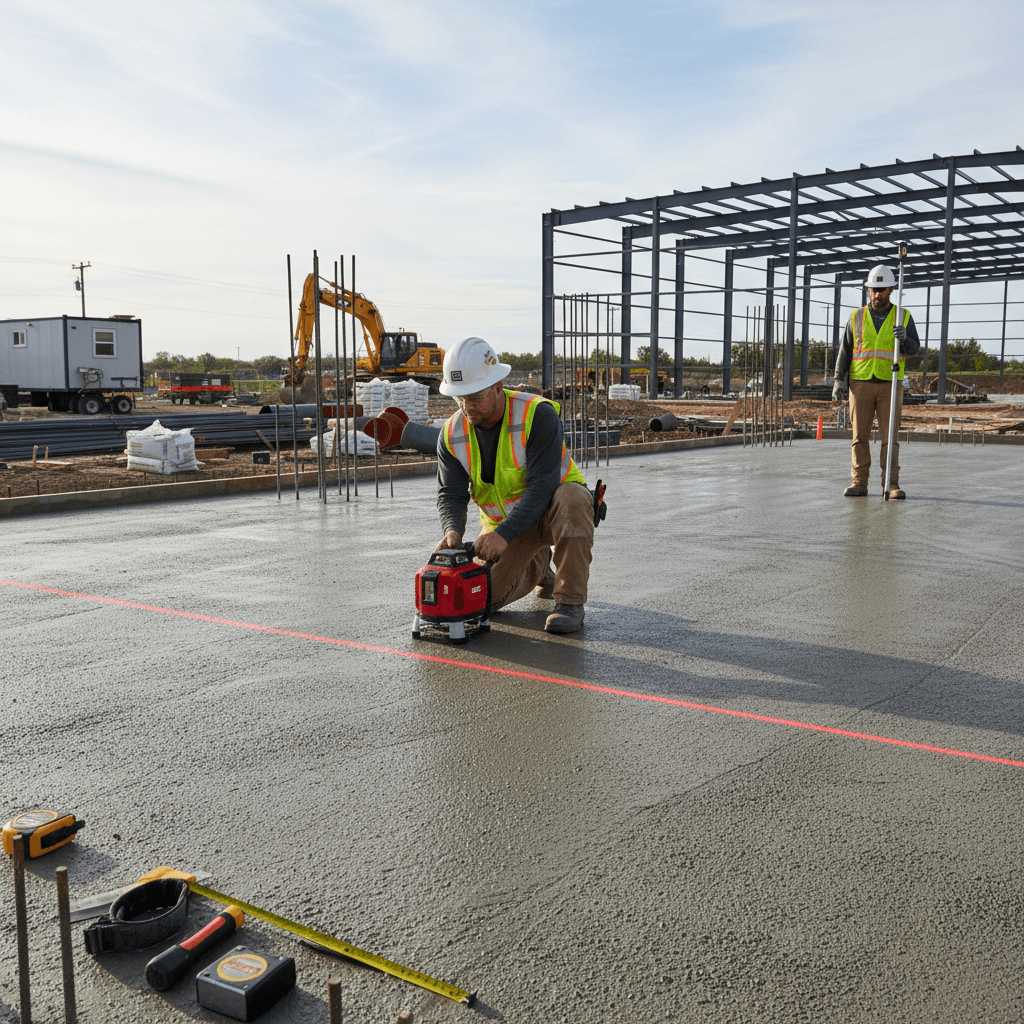 Worker leveling concrete foundation on a new build