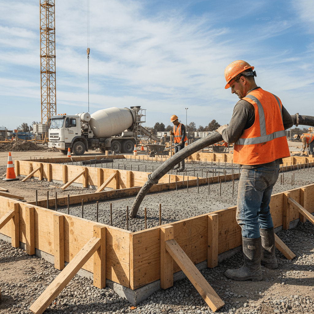 Pouring concrete for a commercial foundation