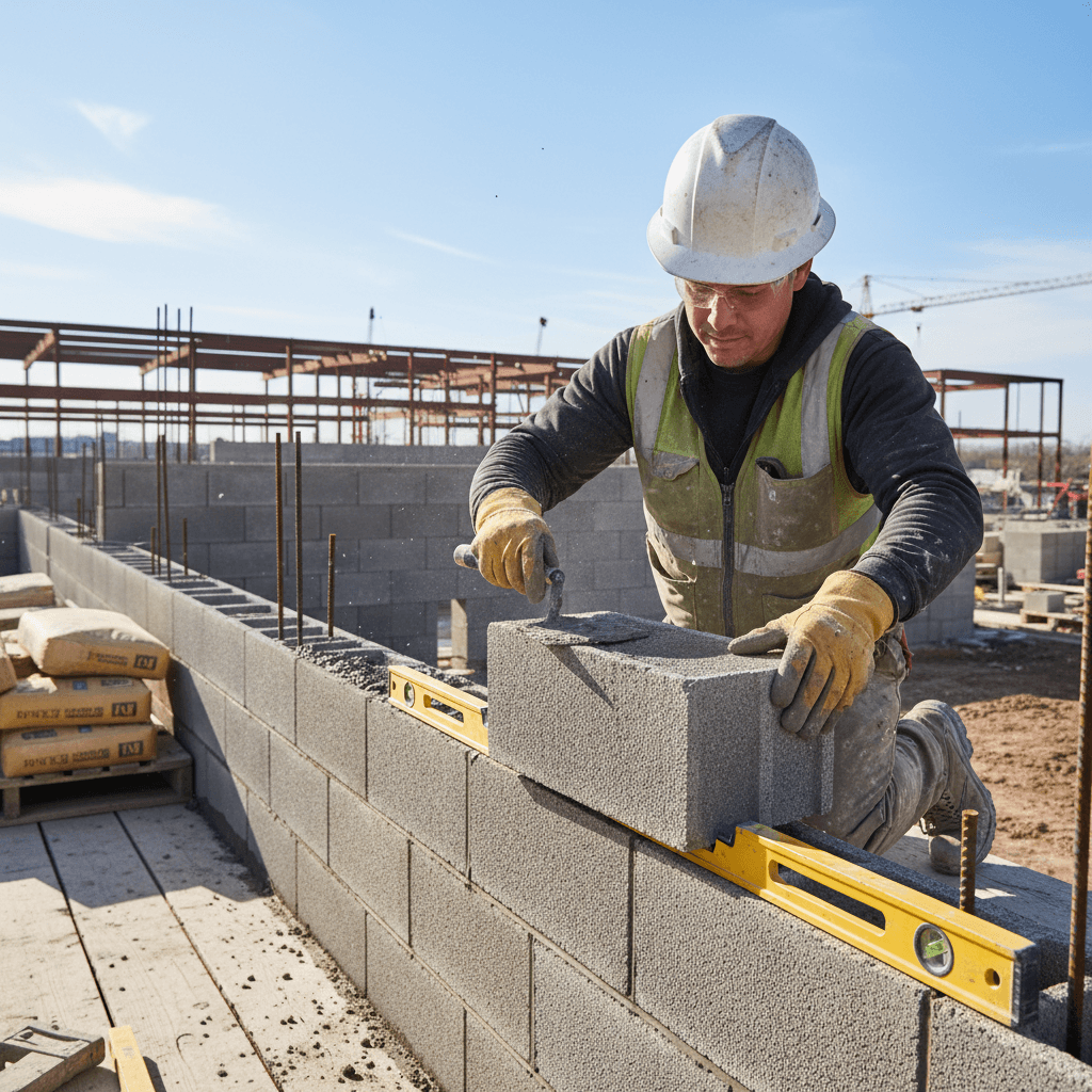 Laying concrete block for a commercial wall