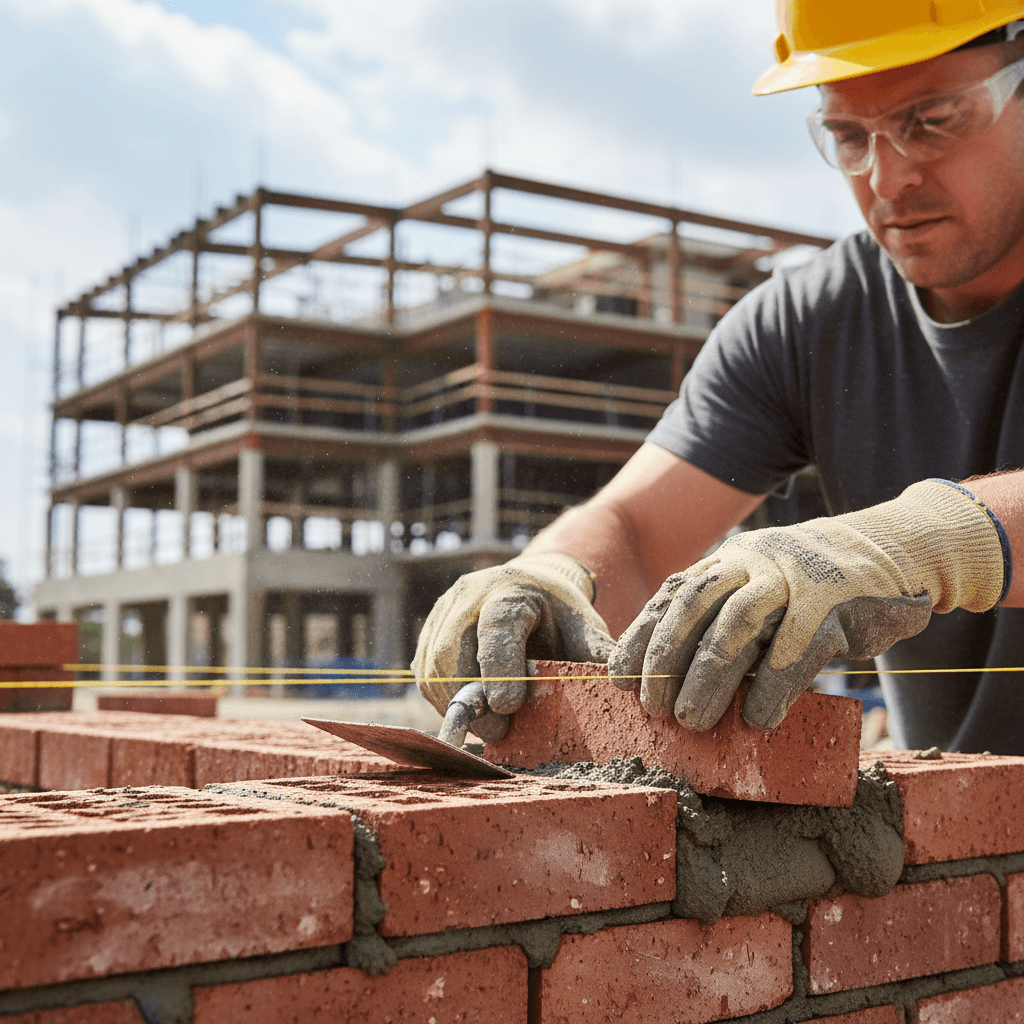 Skilled mason laying brick for exterior wall