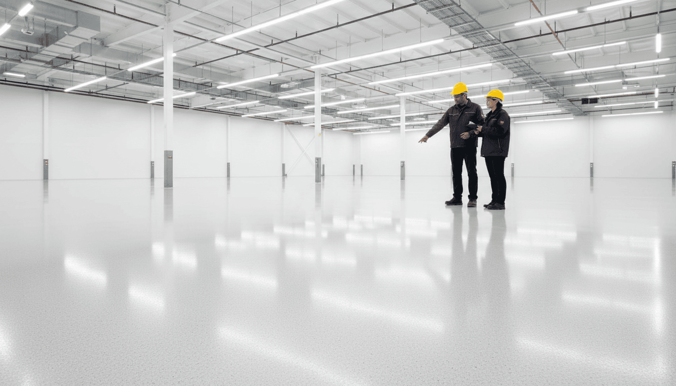 Polished concrete floor in a commercial building interior