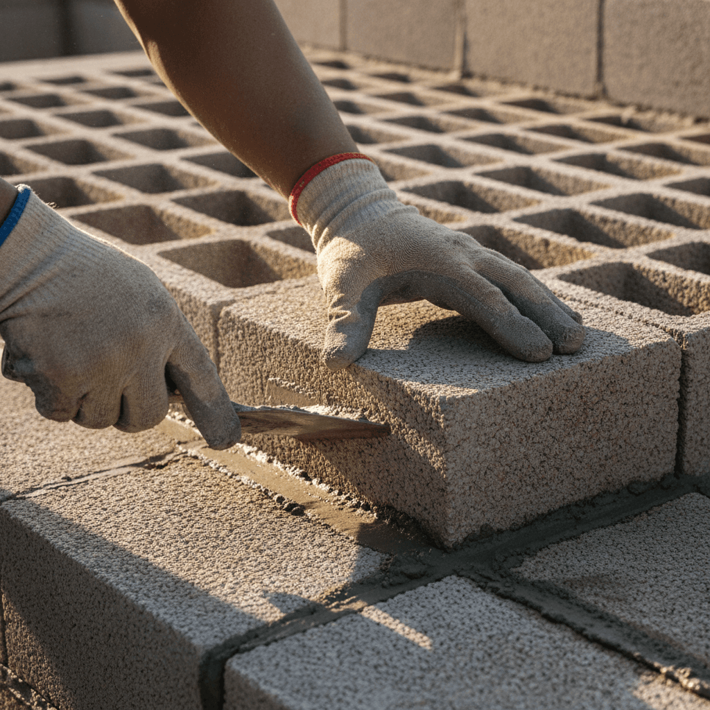 Mason laying concrete block wall on an industrial building construction site