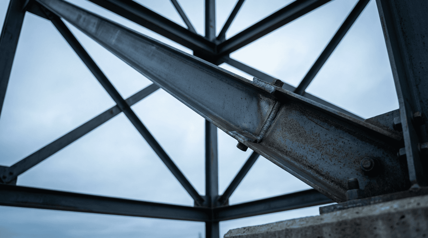 Concrete columns and steel beams forming an industrial building frame