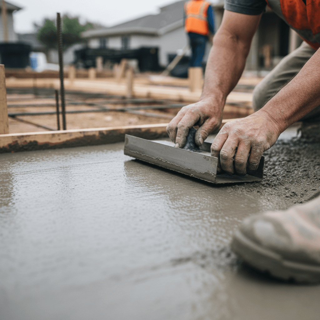 Concrete worker finishing a slab on a commercial job site