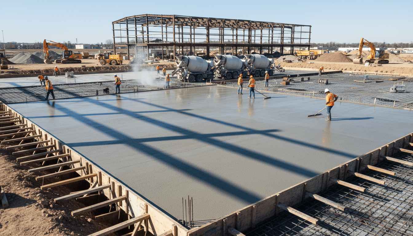 Concrete foundation pour on a commercial construction site with rebar and forms