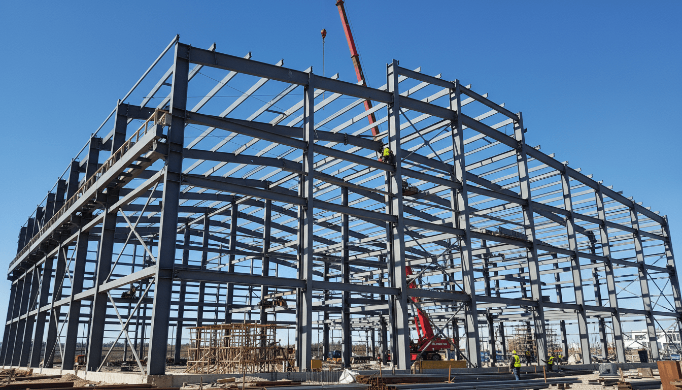 Large concrete building foundation with reinforcing bars