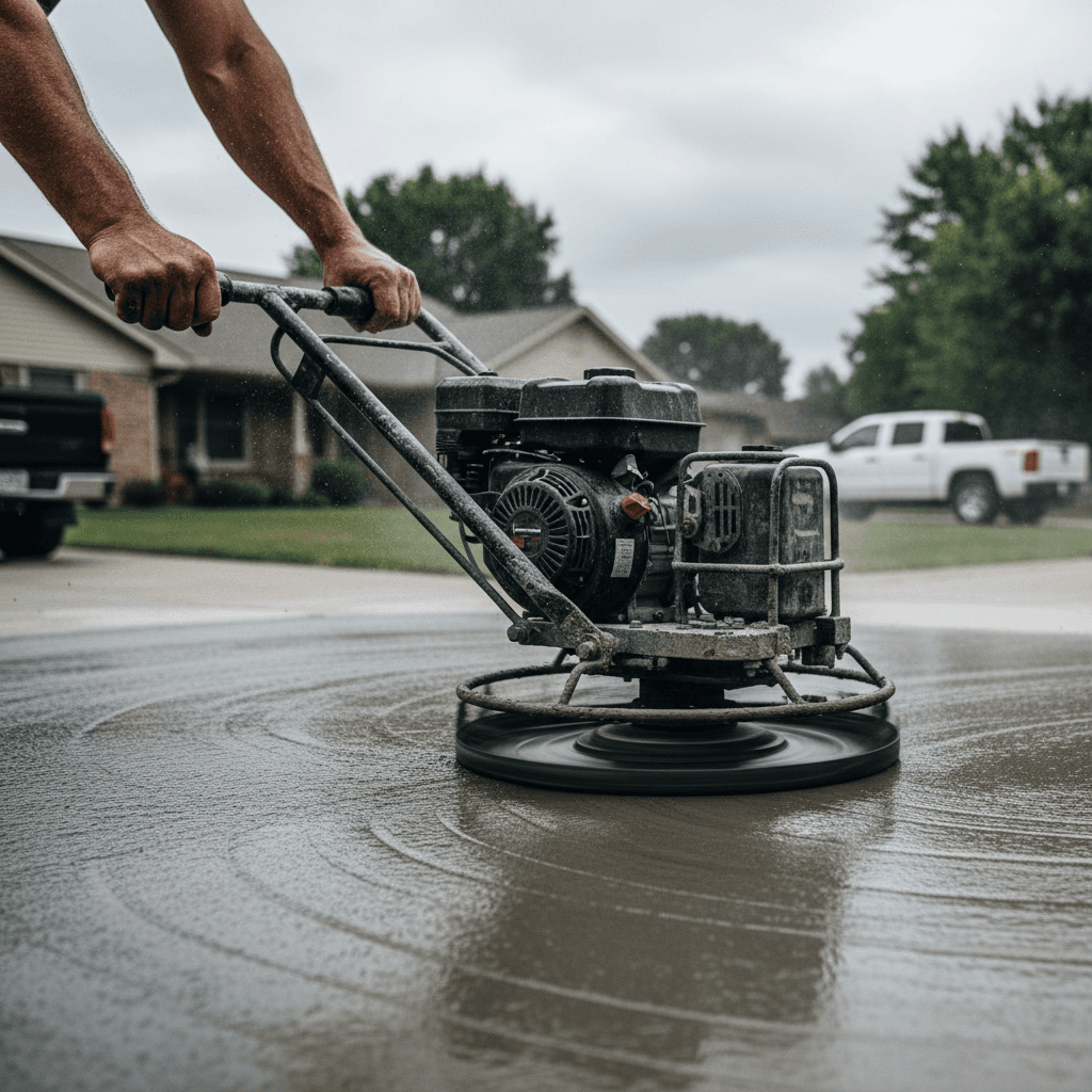 Crew finishing a concrete slab surface on an industrial project