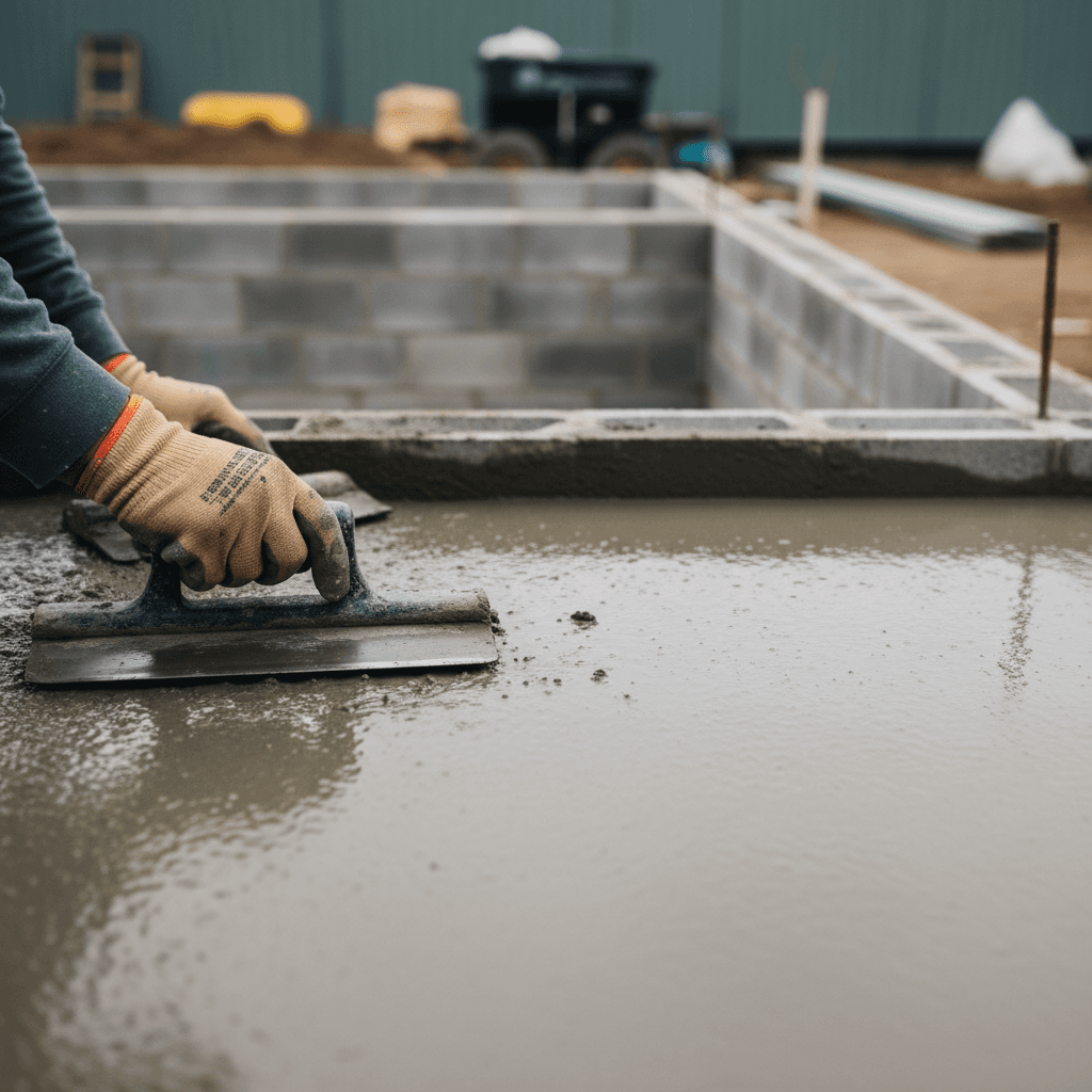 Concrete finisher's hands using trowel to smooth wet concrete on residential driveway, overhead view