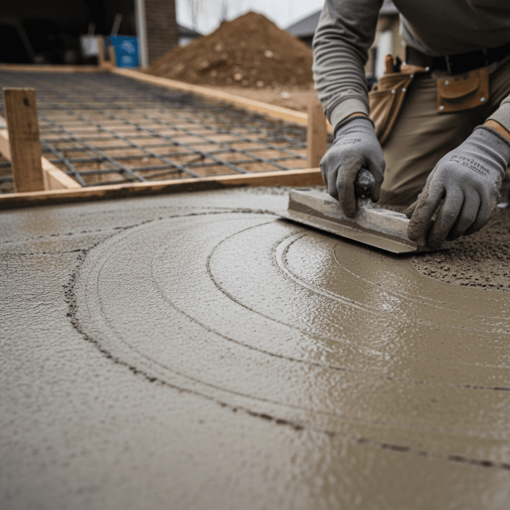 Concrete being poured and leveled on a commercial foundation