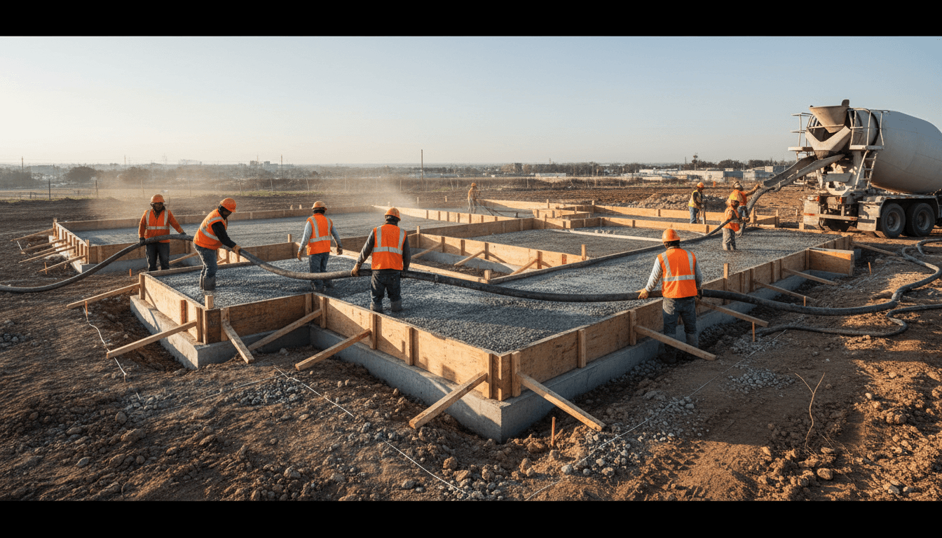 Concrete crew pouring a foundation for a commercial building