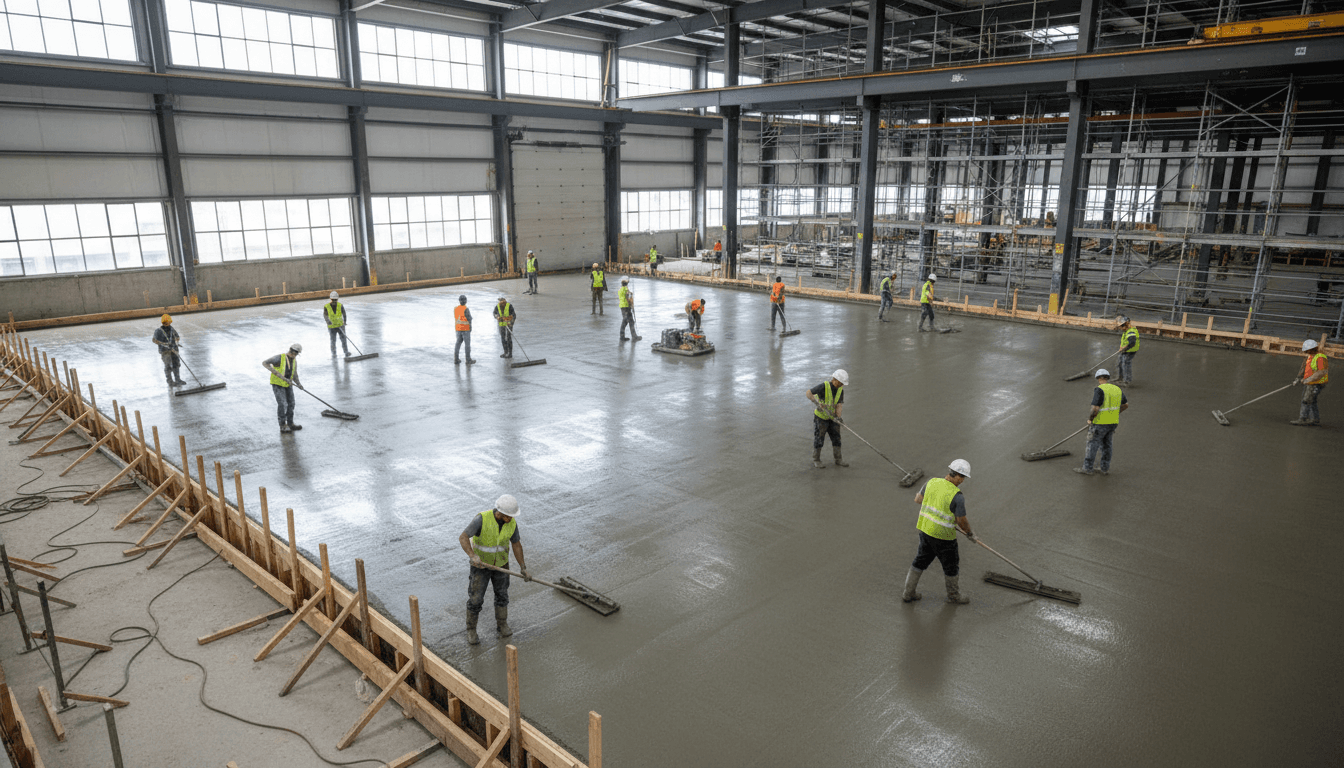 Pouring concrete into formwork for a warehouse foundation